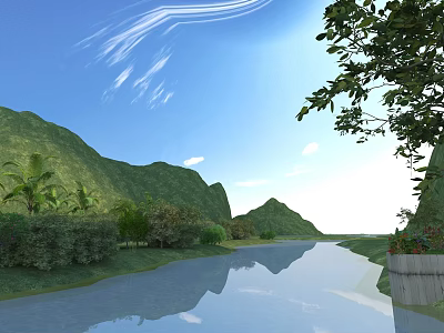 Beautiful Mountain Landscape With Blue Sky White Clouds River Reflection Green Trees And Bushes 3d model