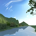 Beautiful Mountain Landscape With Blue Sky White Clouds River Reflection Green Trees And Bushes