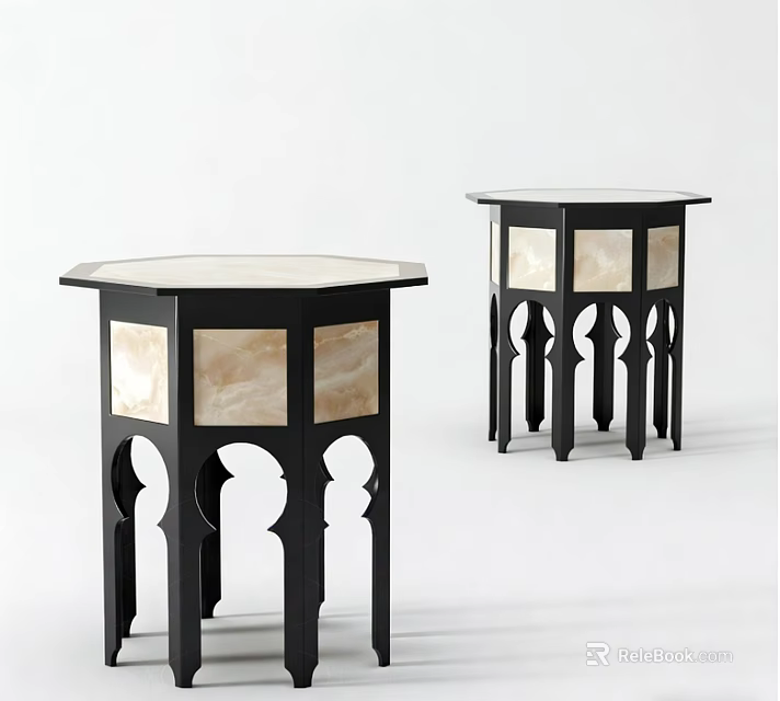 Vintage Black Frame Side Tables With Beige Panel And Arched Leg Design 3d model 