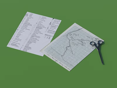 Household Supplies Including Scissors Papers List And Charts On Green Background 3d model