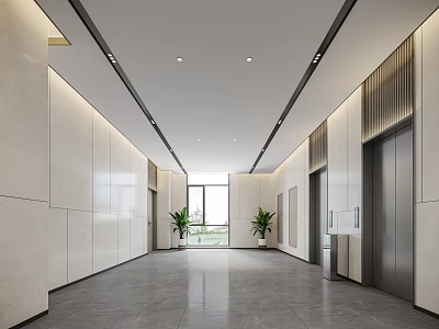 Modern Elevator Hallway With Light Walls Gray Flooring Elevator Doors Spotlights And Potted Plants 3d model