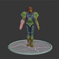 3D Green Armored Character Model With Helmet And Glowing Parts On Silver Base