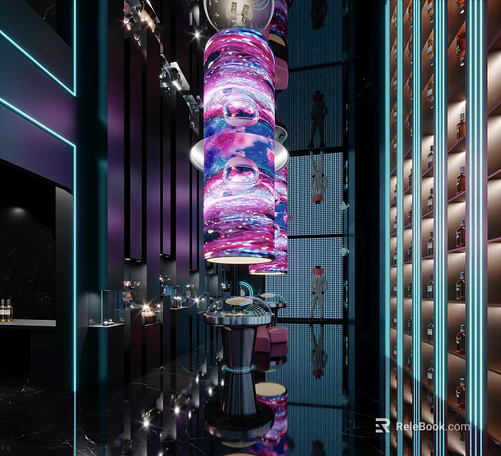 Modern Luxury Interior Featuring Large Colorful Artistic Chandelier Neon Lighting Display Shelves And Reflective Floor 3d model 
