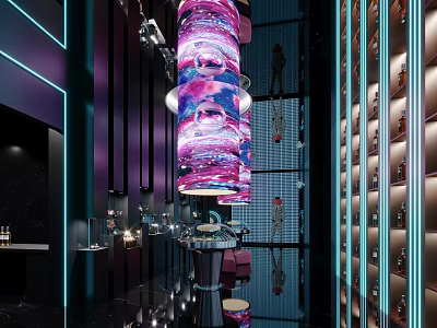 Modern Luxury Interior Featuring Large Colorful Artistic Chandelier Neon Lighting Display Shelves And Reflective Floor 3d model