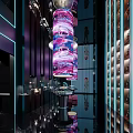 Modern Luxury Interior Featuring Large Colorful Artistic Chandelier Neon Lighting Display Shelves And Reflective Floor