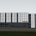Modern Office Building Exterior Design With White Gray Facade Lattice Patterns Grass Lawn And Trees