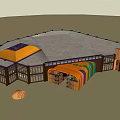 Supermarket Interior With Shelves Stocked With Grocery Products And Orange Ceiling Skylights