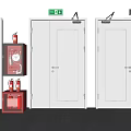 Safety Exit Doors With Fire Extinguisher And Emergency Signs In Building