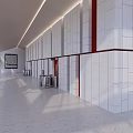 Spacious Modern Hall Interior Design With White Walls Red Accent Strips And Light Floor