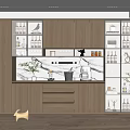 Modern Wine Cabinet With Wooden Cabinets Glass Doors Marble Countertop And Decorative Items