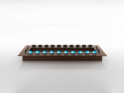 Modern Rectangular Conference Table With Wooden Surface And Integrated Blue Displays For Meetings 3d model