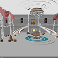 Grand Hall Interior Design With Red Curtains White Columns Chandelier Staircases Circular Pool And Wooden Crates