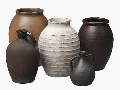 Ceramic Vessels In Various Sizes With Brown White Textured And Striped Designs 3d model