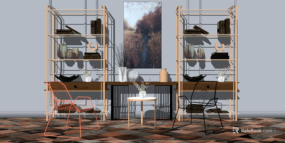 Modern Table And Chairs Set With Wooden Shelves Wall Painting Vase And Patterned Rug 3d model 
