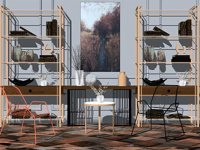 Modern Table And Chairs Set With Wooden Shelves Wall Painting Vase And Patterned Rug 3d model