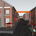 Night Scene Commercial Street With Fireworks Red Lanterns Colored Flags Red Brick Buildings And Pedestrians