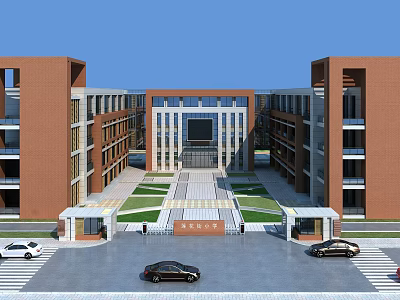 Modern Red Brick School Building With Central Square Green Lawn And Main Entrance 3d model