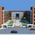 Modern Red Brick School Building With Central Square Green Lawn And Main Entrance