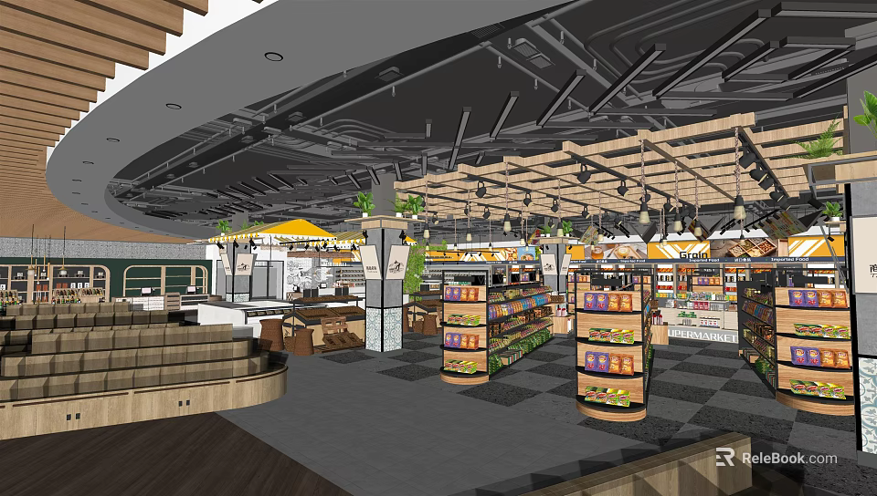 Modern Supermarket Interior With Wooden Ceiling Bright Lighting And Product Shelves 3d model 