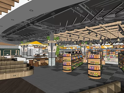 Modern Supermarket Interior With Wooden Ceiling Bright Lighting And Product Shelves 3d model