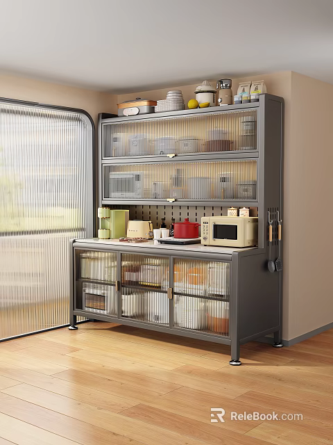 Gray Multi tiered Kitchen Storage Shelf With Glass Doors Microwave And Storage Boxes 3d model 