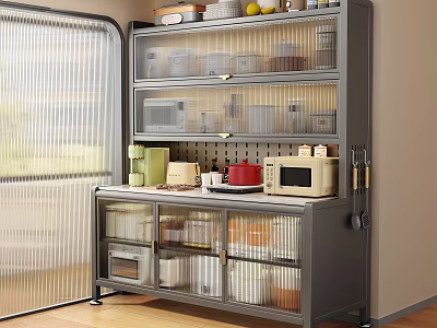 Gray Multi tiered Kitchen Storage Shelf With Glass Doors Microwave And Storage Boxes 3d model