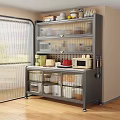 Gray Multi tiered Kitchen Storage Shelf With Glass Doors Microwave And Storage Boxes