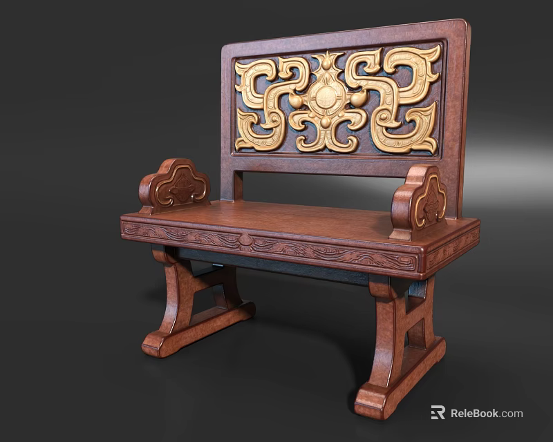 Traditional Wooden Single Sofa With Golden Carvings On Backrest And Armrests 3d model 