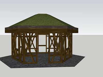 Wooden Pavilion With Green Grass Roof And Hexagonal Open Frame Structure 3d model
