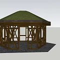 Wooden Pavilion With Green Grass Roof And Hexagonal Open Frame Structure
