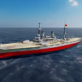 Large Battleship With Red And White Hull Sailing On Open Sea Under Cloudy Sky