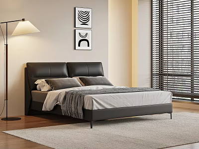 Stylish Double Bed With Leather Headboard Floor Lamp Wall Art And Blinds On Wooden Floor 3d model