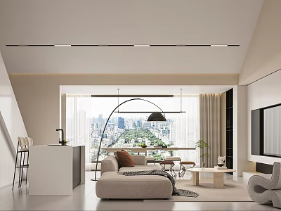 Modern Open Concept Living Dining Room With Beige Sofa Floor Lamp And City View 3d model