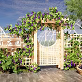 Rural Vineyard Landscape With Grapevine Arch White Lattice Fence And Basket Of Grapes