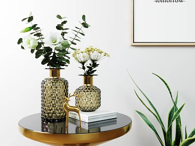 Golden Textured Vases With White Flowers On Round Table Decorative Deer Figurine And Green Plants 3d model