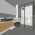 Modern Bathroom Interior With Black Sink Wall Mounted Toilet Glass Shower And Wooden Cabinets