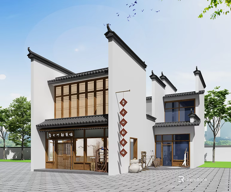 Traditional Chinese Storefront Featuring White Walls Black Roofs Wooden Doors And Red Decorations 3d model 