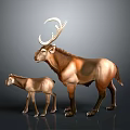 Adult Deer With Large Antlers And Fawn Standing On Gray Background