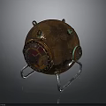 Vintage Copper Spherical Weapon With Metal Stand Riveted Details And Circular Windows
