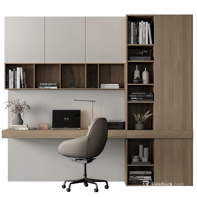 Modern Minimalist Wooden Desk Setup With Laptop Table Lamp Bookshelves And Decorative Items 3d model 