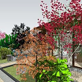 Residential Landscape Featuring Brick House Wooden Pergola Flowering Trees Iron Gate And Stone Walls