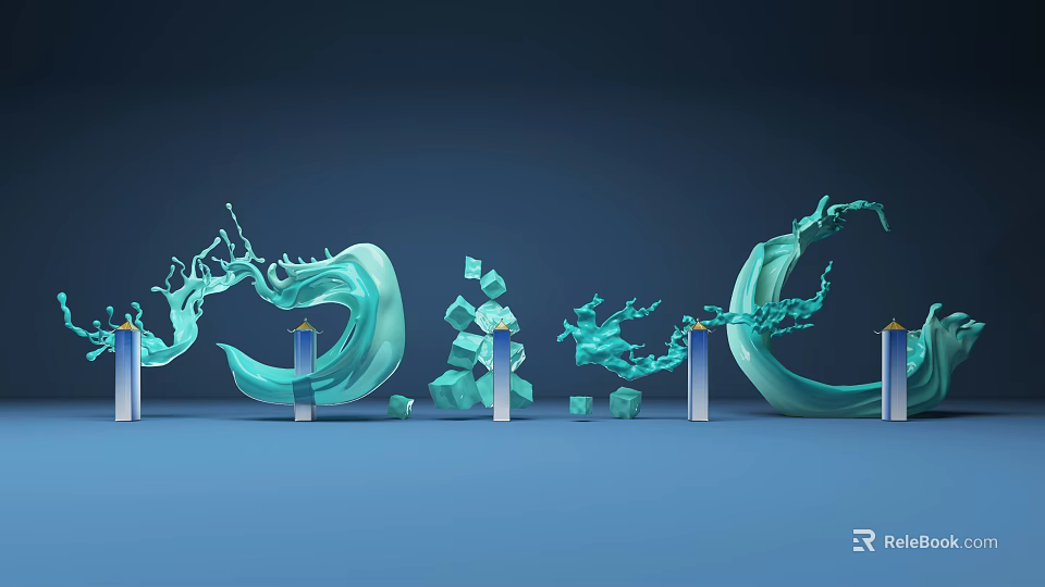 Abstract Green Sculptural Art With Wavy Forms Cubes And Vertical Pillars 3d model 