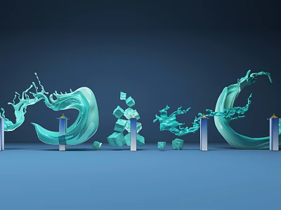 Abstract Green Sculptural Art With Wavy Forms Cubes And Vertical Pillars 3d model