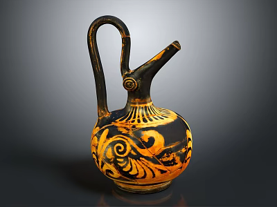 Other Ancient Ceramic Vessel With Black And Yellow Spiral Patterns Curved Handle And Narrow Spout 3d model