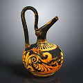 Other Ancient Ceramic Vessel With Black And Yellow Spiral Patterns Curved Handle And Narrow Spout