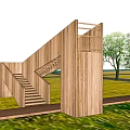 Outdoor Wooden Road Facilities With Staircase Structure And Green Grassland Trees 3d model