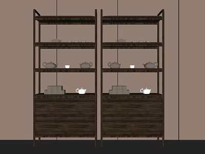 Traditional Dark Wooden Display Shelves With Tea Pots Cups And Books 3d model