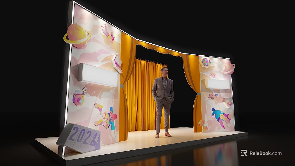 2024 Stage With Yellow Curtains Colorful Planets Cartoon Patterns And Man Standing 3d model 