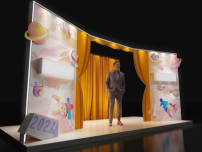 2024 Stage With Yellow Curtains Colorful Planets Cartoon Patterns And Man Standing 3d model