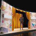 2024 Stage With Yellow Curtains Colorful Planets Cartoon Patterns And Man Standing